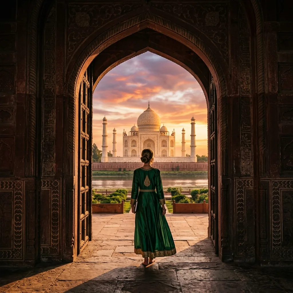 Puerta de arco histórico al Taj Mahal